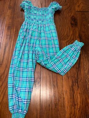 SweetHoney Teal Plaid Smocked Kids One-Piece Jumpsuit